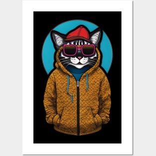 Cute Cartoon Cat in Jacket, Cap, and Sunglasses 6 Posters and Art